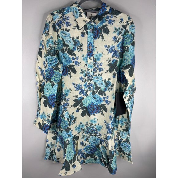 NWT Tuckernuck Wild Zinnia Linen Callahan Floral Shirt Dress Blue Cream Size XL - Picture 5 of 8